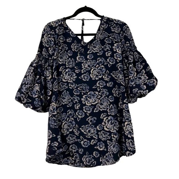 Available By Angela Fashion Tops - Available by Angela Fashion Womens Blue Floral Top With Billowing Sleeves